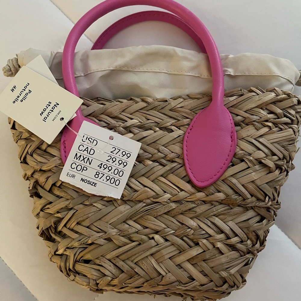 H&M Pink Handle Woven Straw Bag